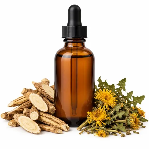 Amber bottle of herbal kidney tonic with dried astragalus and dandelion