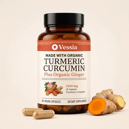 Vessia Organic Turmeric Curcumin with Organic Ginger — updated 60 vegan capsule bottle