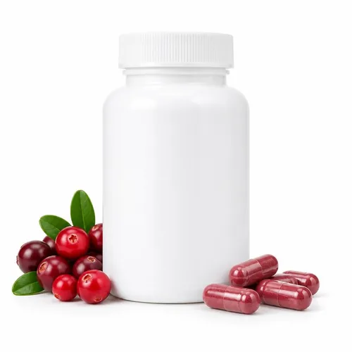 White bottle of cranberry extract capsules with fresh cranberries